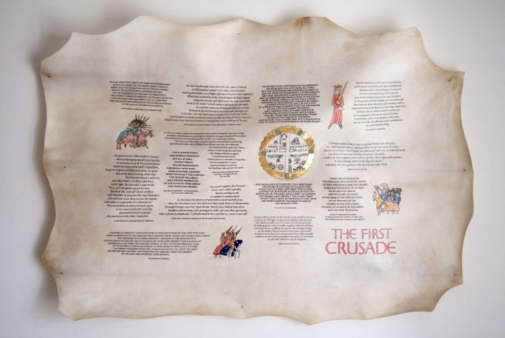 Calligraphic panel about the First Crusade on a full calfskin.