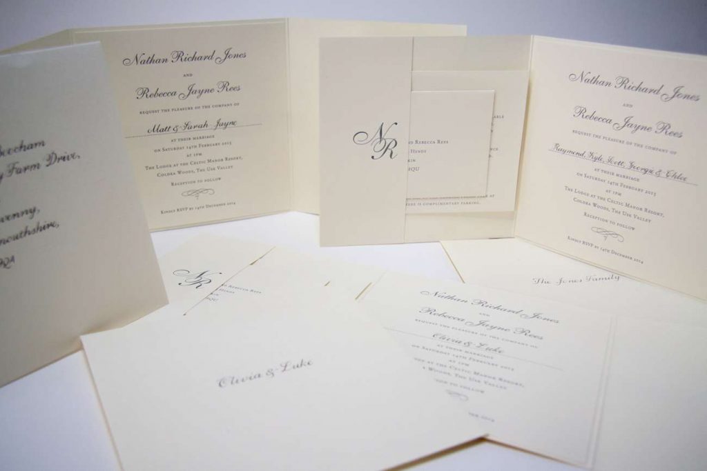 Names written on wedding invitations and envelopes