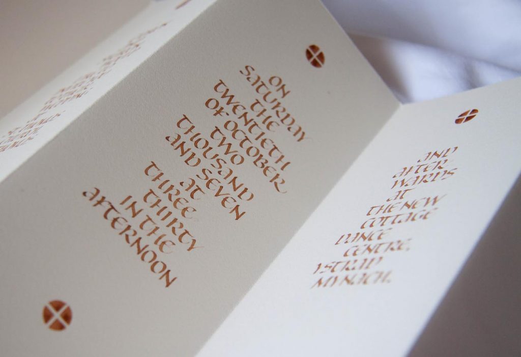 A handmade concertina style wedding invitation.